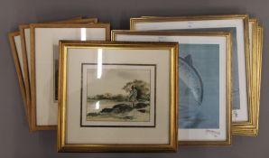 A set of four fishing prints and another, together with a set of four cricketing prints.