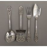 A set of four Continental pierced silver patisserie servers and eaters. The largest 17 cm long. 100.