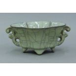 A Celedon crackle glaze censer. 17.5 cm wide.