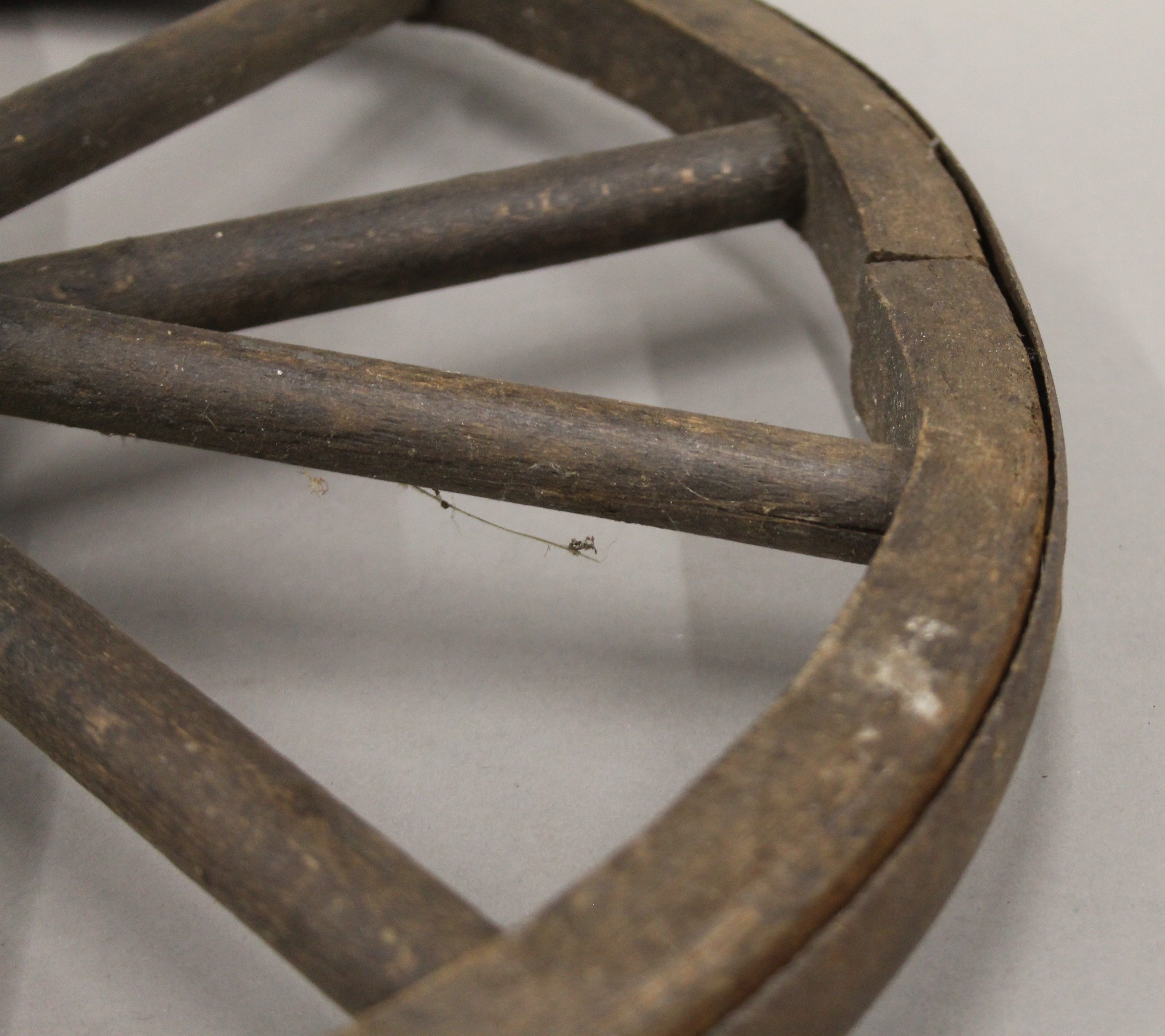 Two small antique iron mounted wooden wheels. 42 cm diameter. - Image 3 of 4