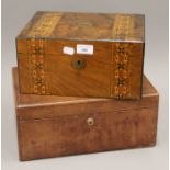 A Victorian leather writing box and a Victorian walnut writing box. The former 35 cm wide.
