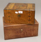 A Victorian leather writing box and a Victorian walnut writing box. The former 35 cm wide.
