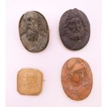 Four antique gold mounted carved stone classical portrait brooches. Three 3.5 cm high, the other 2.
