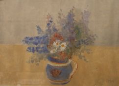 BERNARD MYERS, Still Life of Flowers in a Jug, oil on paper, framed and glazed. 72 x 52 cm.