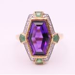An Art Deco style 9 ct gold suffragette colours, emerald, diamond and amethyst ring. Ring size N/O.