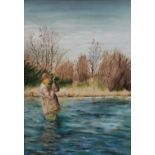 KELLY SWANSTON, Man Fishing, oil on board, framed. 23.5 x 34 cm.