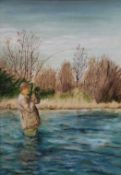 KELLY SWANSTON, Man Fishing, oil on board, framed. 23.5 x 34 cm.