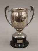 A silver twin handled trophy cup on stand. 25 cm high. 580.1 grammes total weight including base.