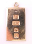 A 9 ct gold bar/ingot pendant, the reverse with initials. 2.25 cm x 3.