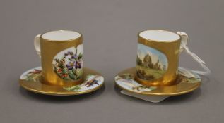 Two miniature Coalport porcelain cups and saucers, one decorated with country vignettes,