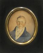 An early 19th century portrait miniature of a gentleman, framed. 17 x 19.5 cm overall.