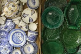 Two boxes of various porcelain, including Wedgwood Green Leaf plates, Spode, etc.