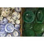 Two boxes of various porcelain, including Wedgwood Green Leaf plates, Spode, etc.