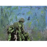 MICHAEL CROSSAN, War, oil on board, framed. 61 x 45.5 cm.