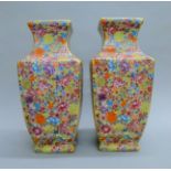 A pair of Chinese porcelain millefiori vases. 33 cm high.