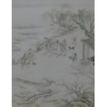 A Chinese watercolour depicting Fighting Figures, framed and glazed. 16 x 21 cm.