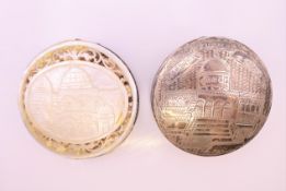 Two 833 silver compacts, each depicting Jerusalem. Each 6 cm diameter.