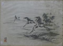 A Chinese print of Horses, framed and glazed. 55 x 41 cm.