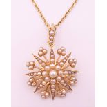 A 14 ct gold and pearl star form pendant and chain, cased. Star 3 cm diameter, chain 43 cm long. 8.