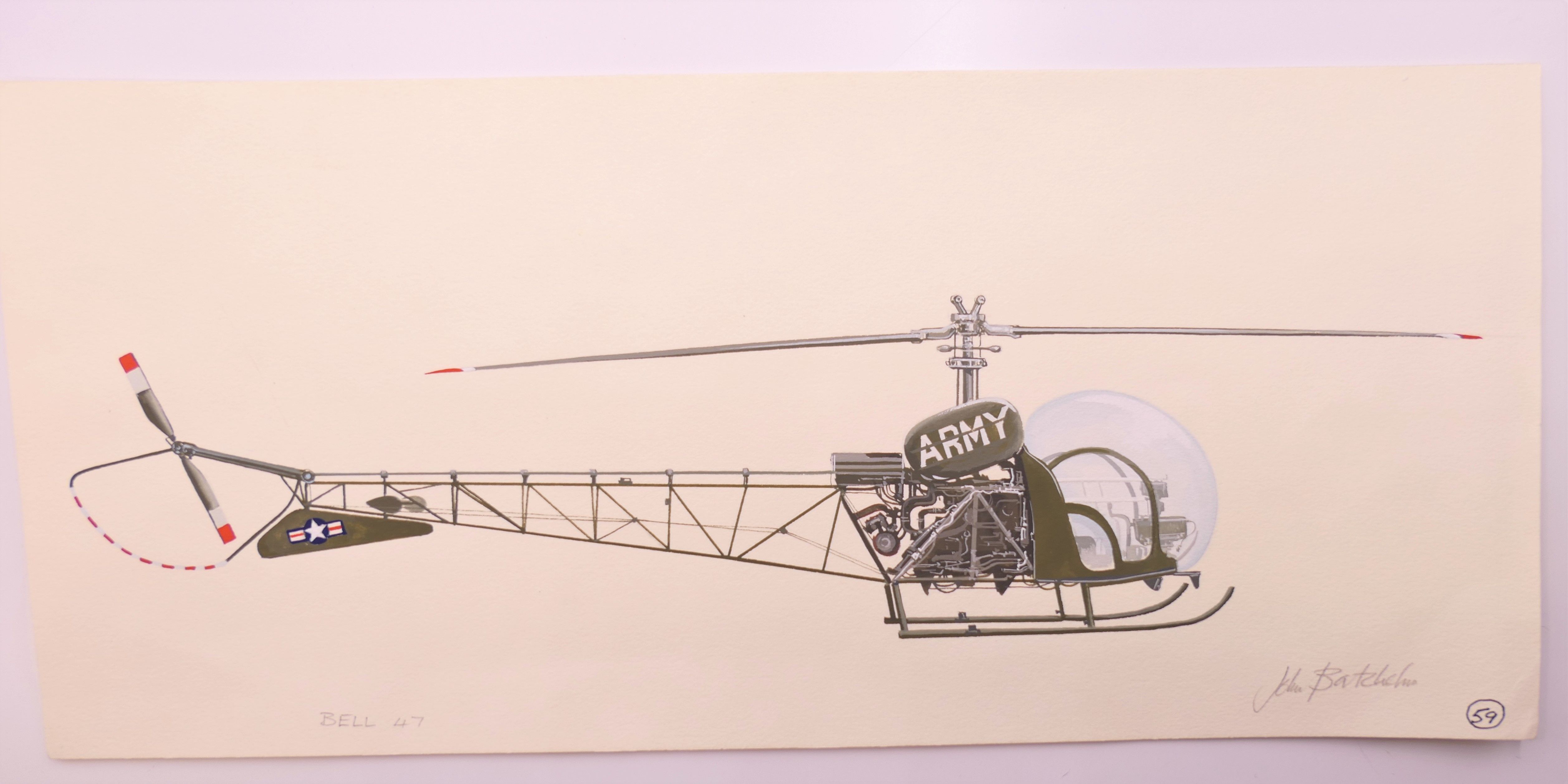 JOHN BATCHELOR MBE (born 1936) British (AR), Apache; Huey; and Bell 47, gouache, all signed, - Image 10 of 13