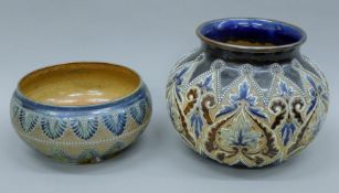 A Doulton Lambeth jardiniere and a stoneware bowl. The former 24 cm diameter.