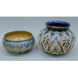 A Doulton Lambeth jardiniere and a stoneware bowl. The former 24 cm diameter.