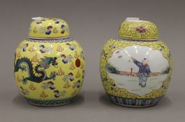 Two Chinese yellow ground porcelain ginger jars. Each approximately 15 cm high.