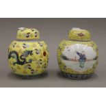 Two Chinese yellow ground porcelain ginger jars. Each approximately 15 cm high.