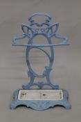 An Art Nouveau blue painted stick stand and a blue coal scuttle. The former 60 cm high.