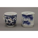 An 18th century Chinese cup and a Chinese blue and white brush washer decorated with bamboo and