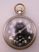 An Ingersoll Defiance black dial pocket watch. 5 cm diameter.