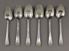 Six Old English pattern silver teaspoons, hallmarked for London. 102.5 grammes.