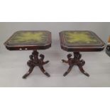 A pair of leather top side tables. Approximately 60 cm wide.