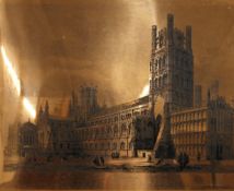 A copper plaque depicting Ely Cathedral, framed.