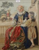 A 19th century woolwork picture of a man and a child, housed in a mahogany frame and glazed.