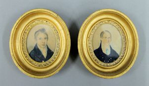 A pair of 19th century gilt framed portrait miniatures. 11 x 12.5 cm overall.