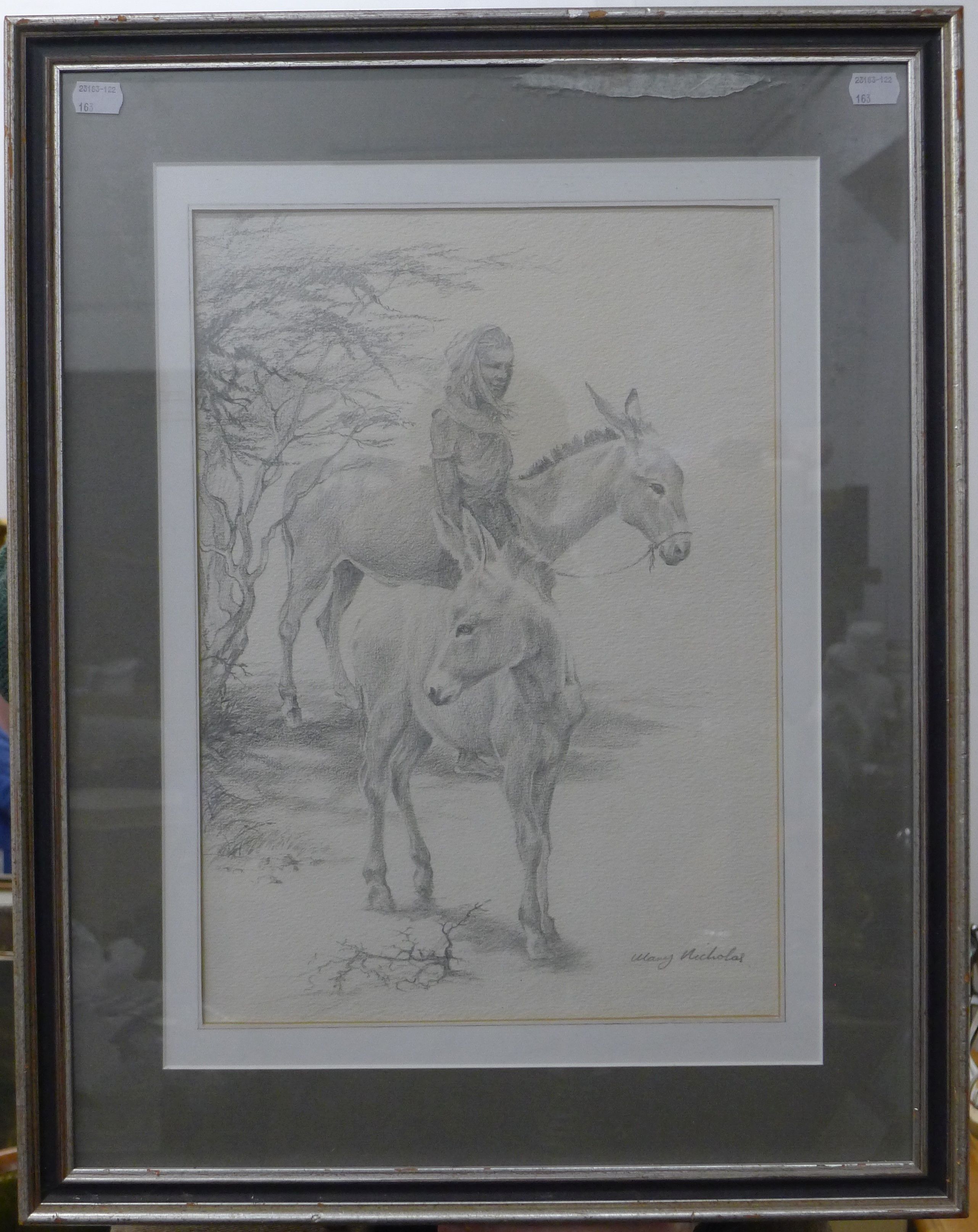 MARY NICHOLAS, Woman with Donkeys, pencil, framed and glazed. 30 x 42 cm. - Image 2 of 3
