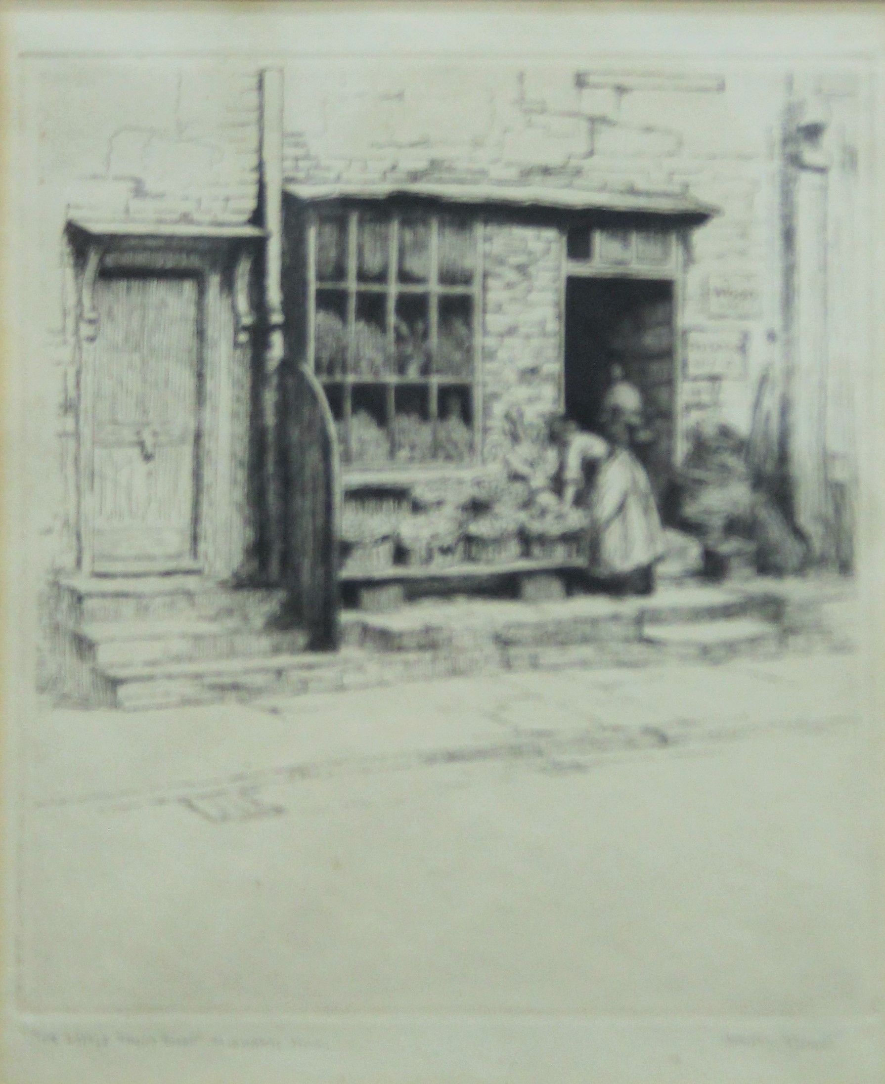 DOROTHY SWEET, The Little Fruit Shop Highgate Hill, print, framed and glazed. 16.5 x 20 cm.