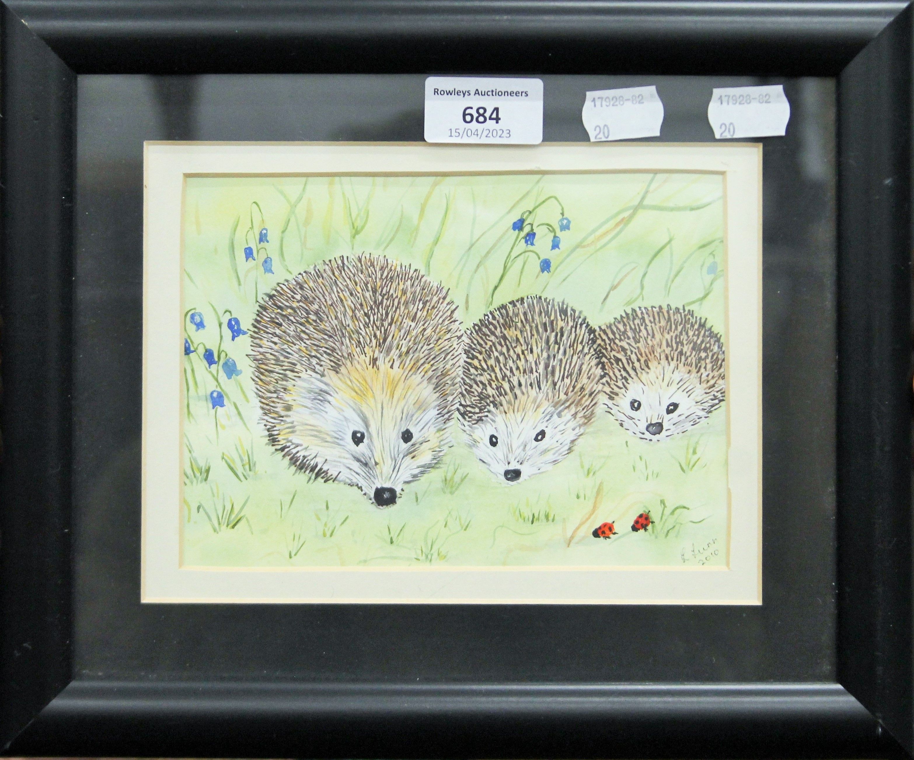 R LUNN, Three Hedgehogs, watercolour, framed and glazed. 17.5 x 12.5 cm. - Image 2 of 2