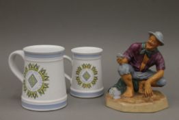 Two Denby RAF tankards and a Doulton Beach Comber figure HN2487. The largest 16.5 cm high.