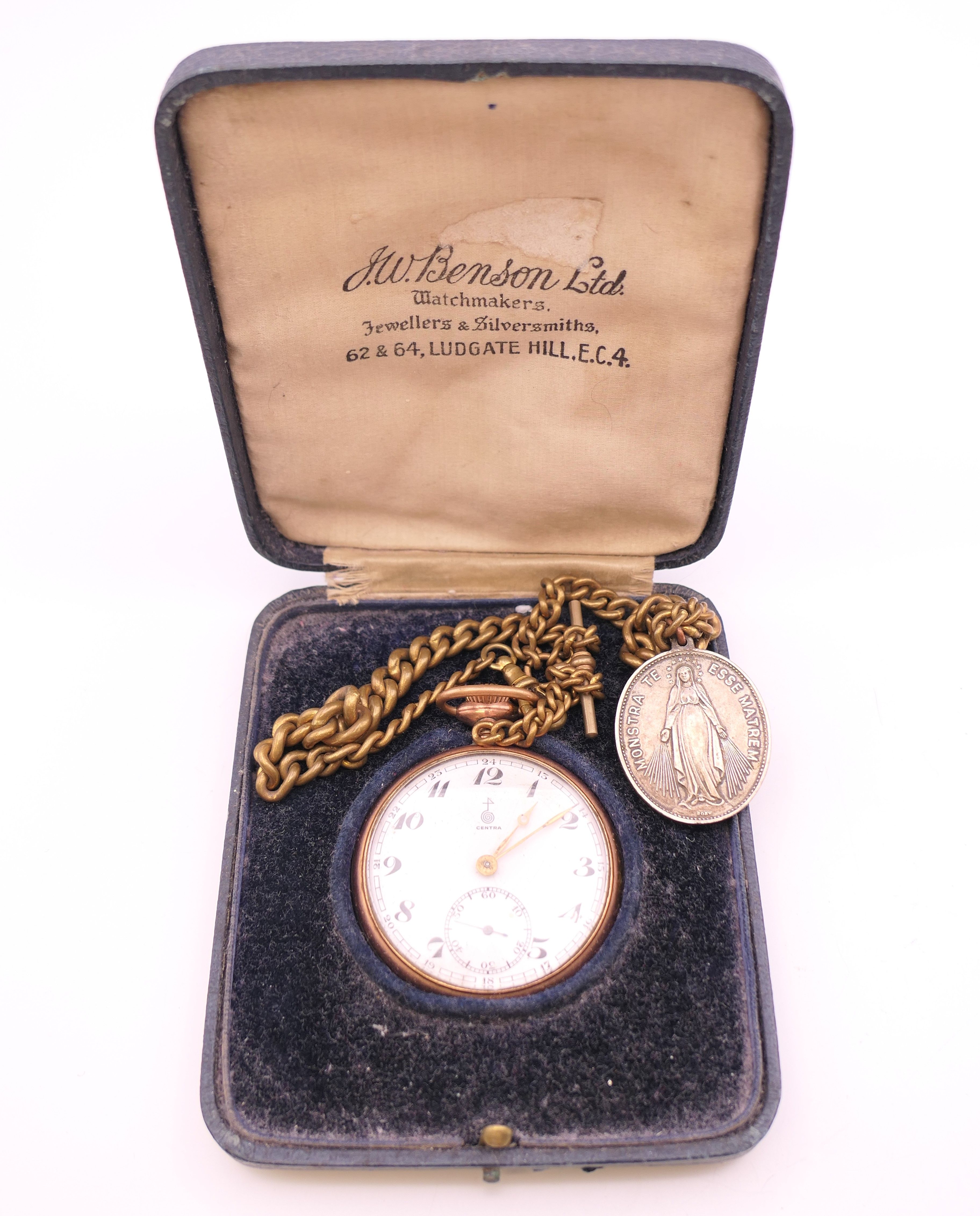 A Centra boxed pocket watch on a brass watch chain. 4.5 cm diameter.
