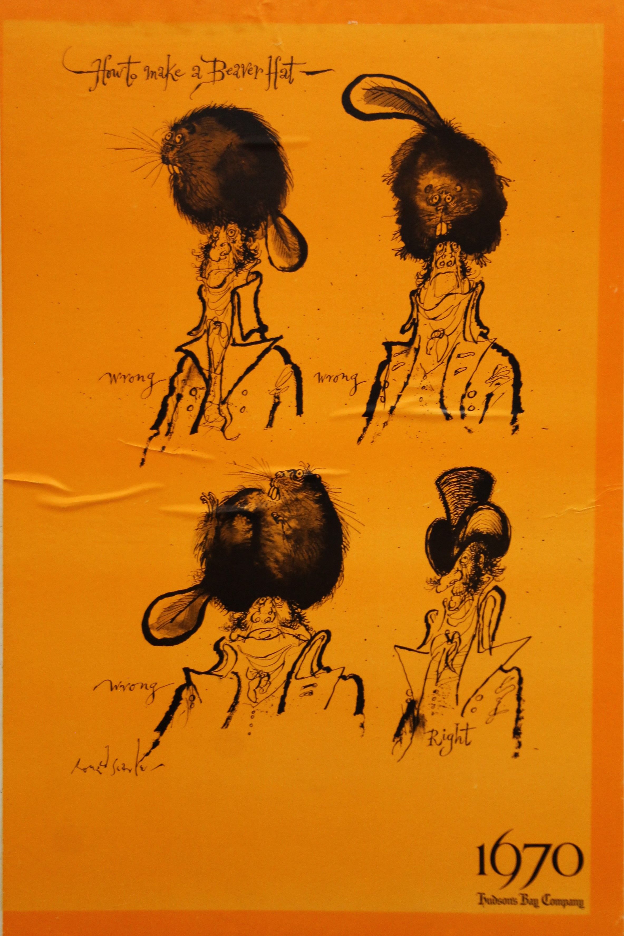 A 1970 Hudson Bay Company advertising poster, by Ronald Searle, How to make a Beaver Hat,