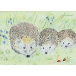 R LUNN, Three Hedgehogs, watercolour, framed and glazed. 17.5 x 12.5 cm.