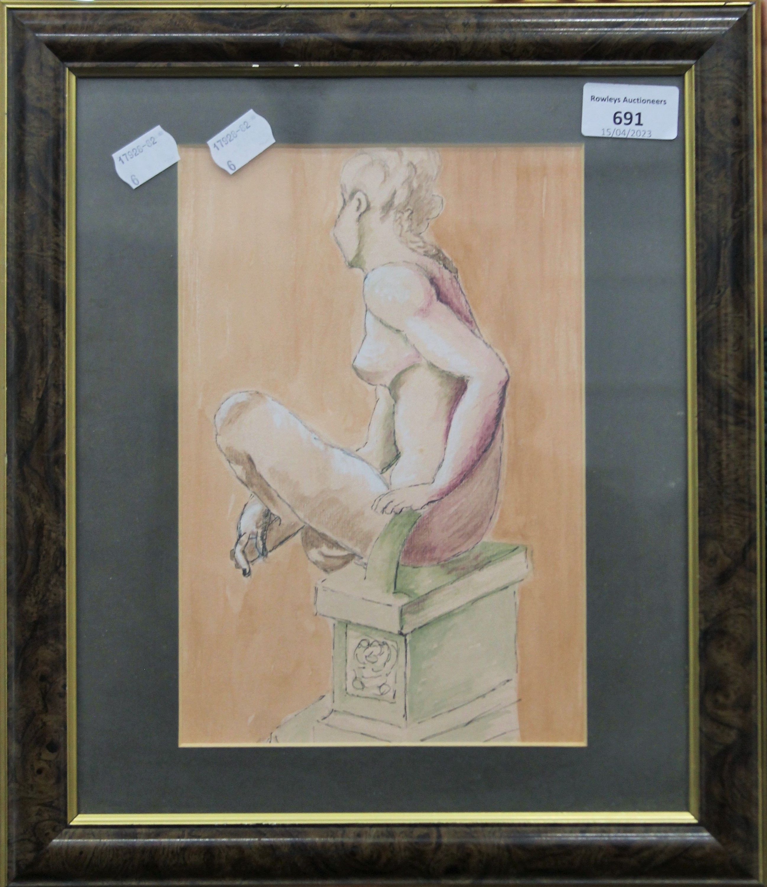 A Seated Nude, pen and ink, framed and glazed. 16 x 24 cm. - Image 2 of 2
