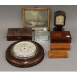 A Victorian walnut box, other various boxes, a clock, a barometer, etc.
