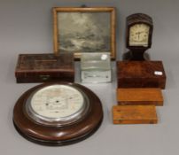 A Victorian walnut box, other various boxes, a clock, a barometer, etc.