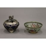 A Chinese plique a jour glass bowl, and a white metal mounted lidded jar. The former 9.