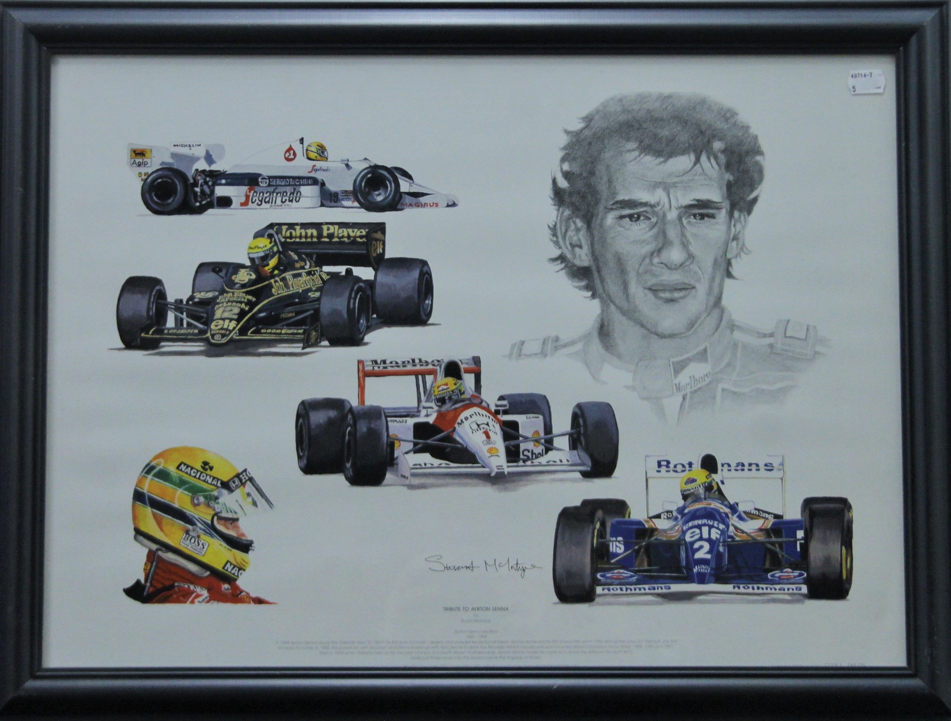 An Ayrton Senna print and a F1 print, each framed and glazed. The latter 71 x 59.5 cm overall. - Image 4 of 4