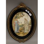 A 19th century silk work picture in an oval frame. 54 cm high overall.