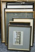 A box of prints, including 18th century Dukes of Bedford, Cruckshank Oxford print,